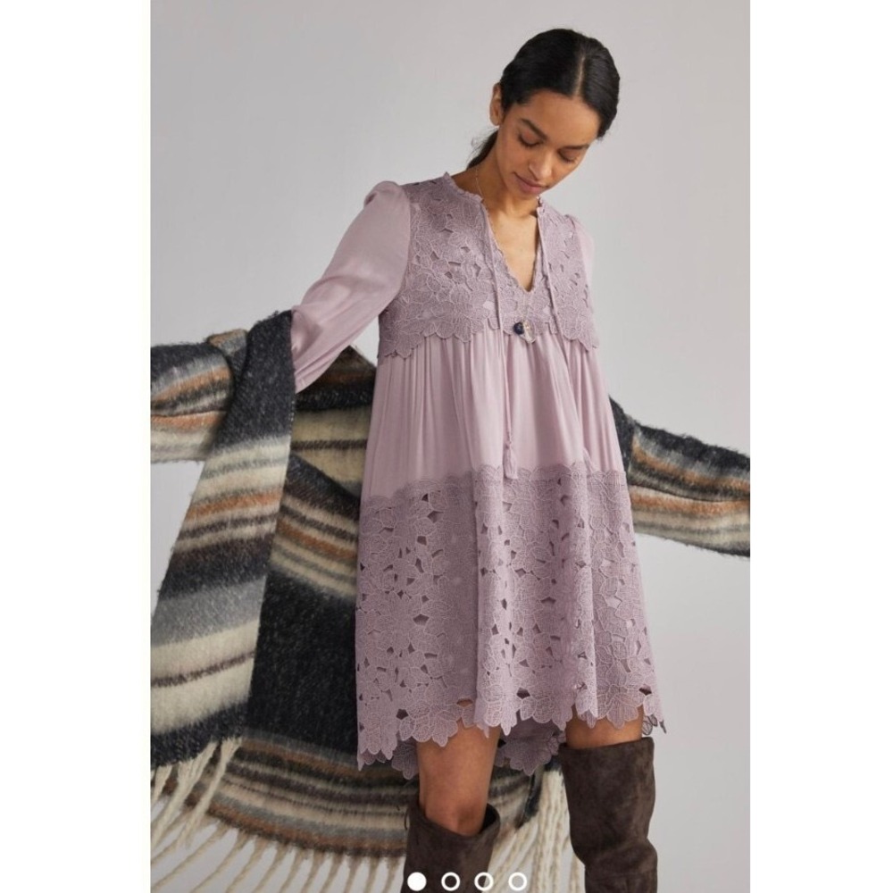 Anthropologie Lavender Lace Crochet Babydoll Mini Dress Purple Tassel Size S